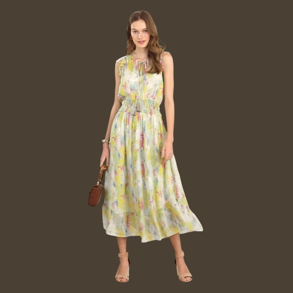 Anthropologie Watercolor Floral Maxi Dress Smocked Waist Flutter Sleeve Size 2 - Picture 2 of 14